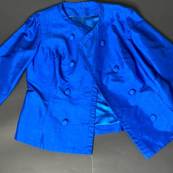 Vintage Custom Made Blue Raw Silk Jacket and Skirt Suit - Picture 12 of 17